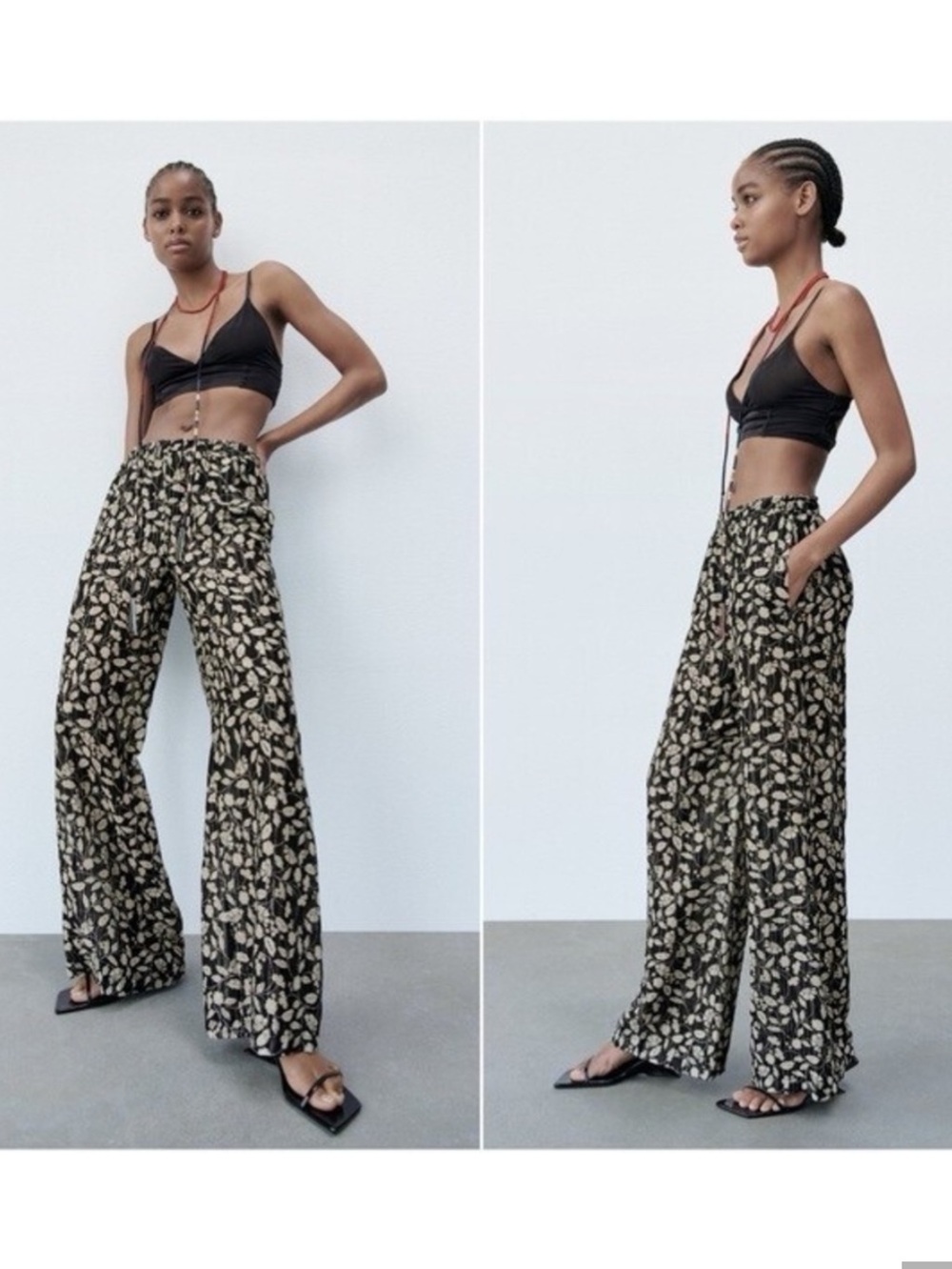 Zara Full Length Floral Print Wide Leg Pants with metallic thread sz.S